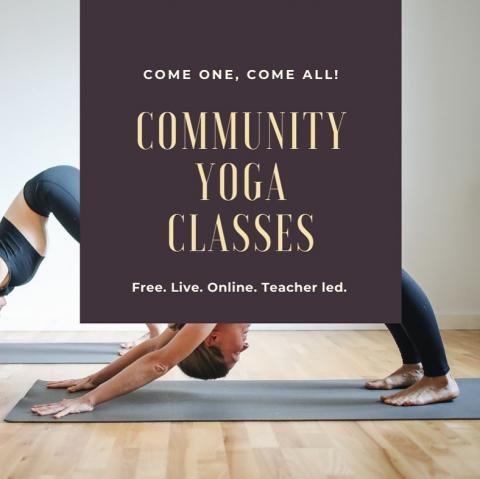Community Yoga Classes poster with people doing down dog