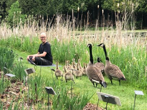 Matthew sitting in nature with a family of geese