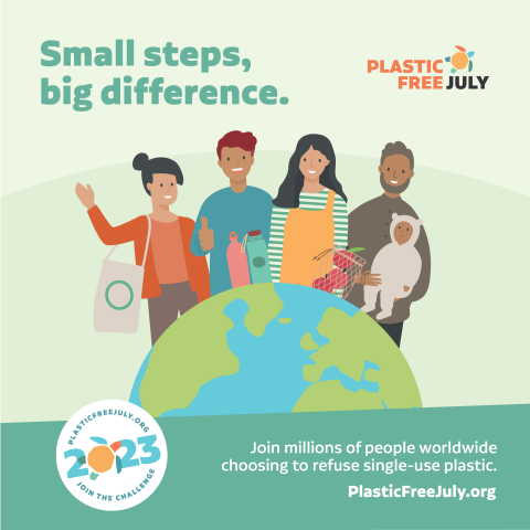 Plastic free july poster with people and a world