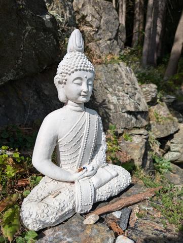 White Buddha statue on rocks with trees in the background