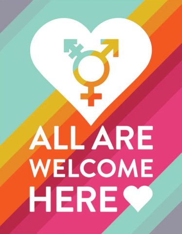 A rainbow colored sign with the words all are welcome here that expresses strong support for ongoing work to ensure that all people live without discrimination, stigma and systemic inequality