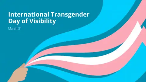 The words Transgender Day of Visibility with a hand waving blue and pink ribbons