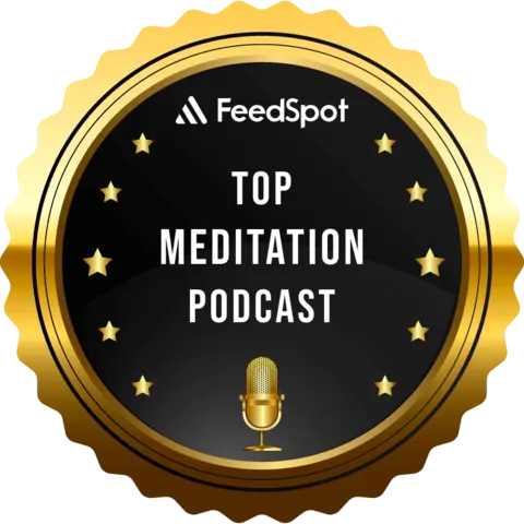 a black circle with a gold border and gold microphone with the words top feedspot top meditation podcast