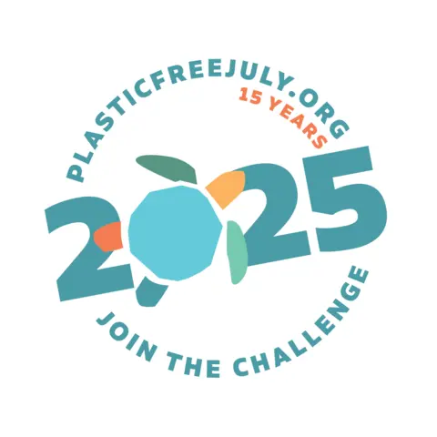 the text 2025 surrounded by words in a circle: join the challenge plasticfreejuly.org
