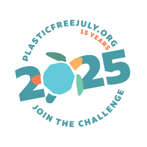 the text 2025 surrounded by words in a circle: join the challenge plasticfreejuly.org
