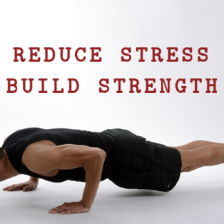 Person doing a push up under the words reduce strenth and build strength