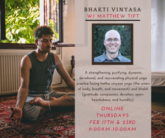 Man seated in meditation with details about Bhakti Vinyasa classes