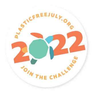 A badge with the words plasticefreejuly.org 2022 join the challenge