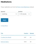 a screenshot of a page with a list of meditations