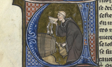 Monk drinking from a bowl and filling a pitcher
