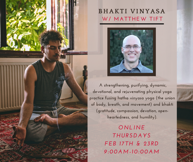 Man seated in meditation with details about Bhakti Vinyasa classes