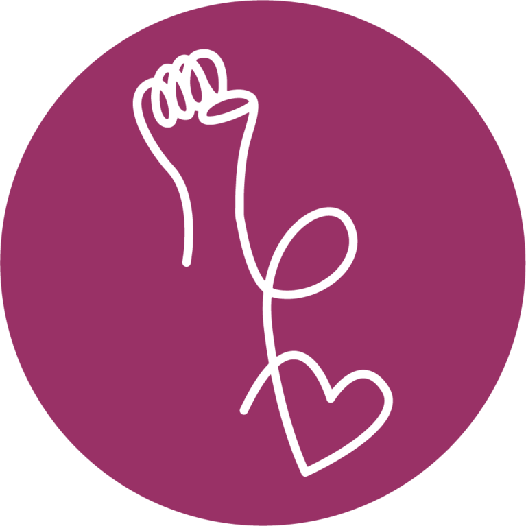 a white line on a purple background that includes a hand and a heart  