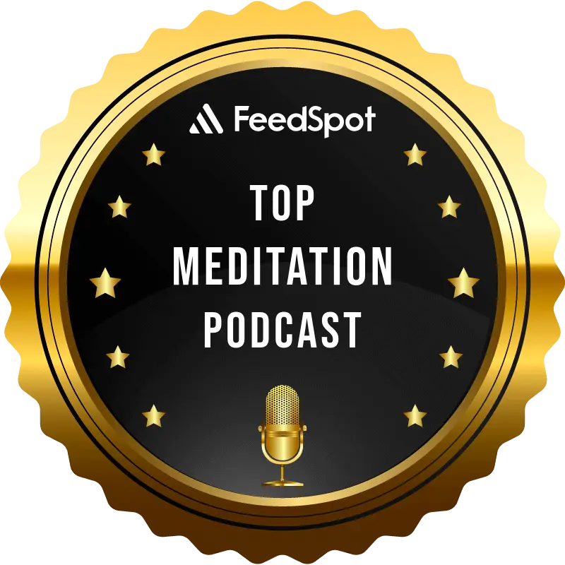 a black circle with a gold border and gold microphone with the words top feedspot top meditation podcast