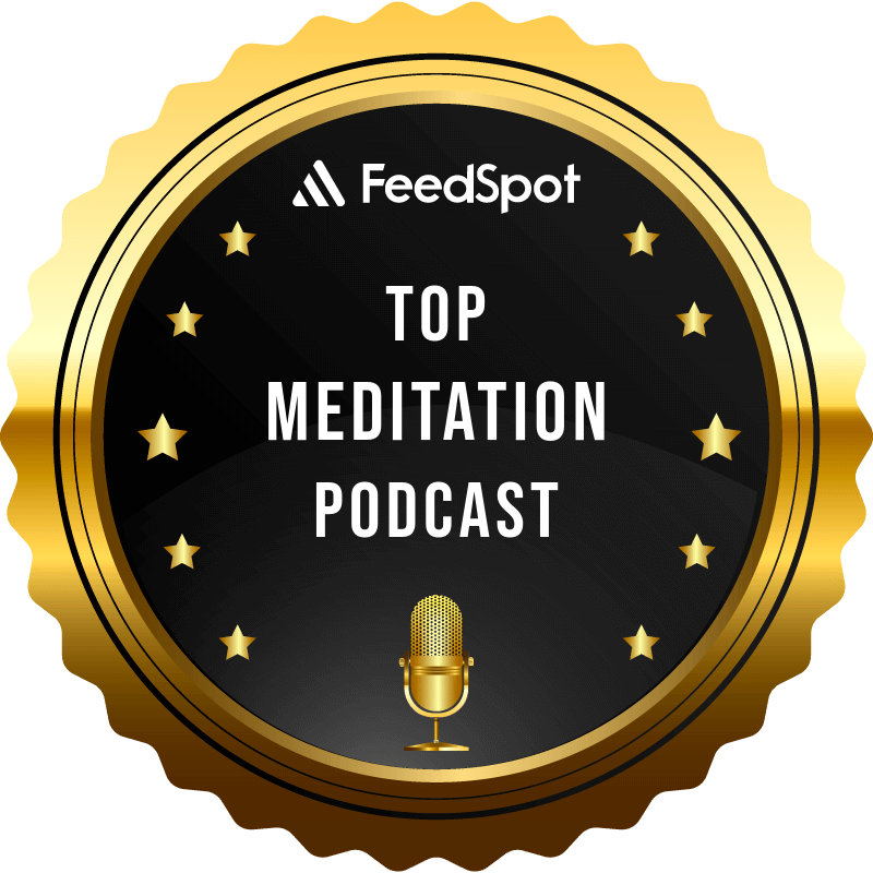 a black circle with a gold border and gold microphone with the words top feedspot top meditation podcast