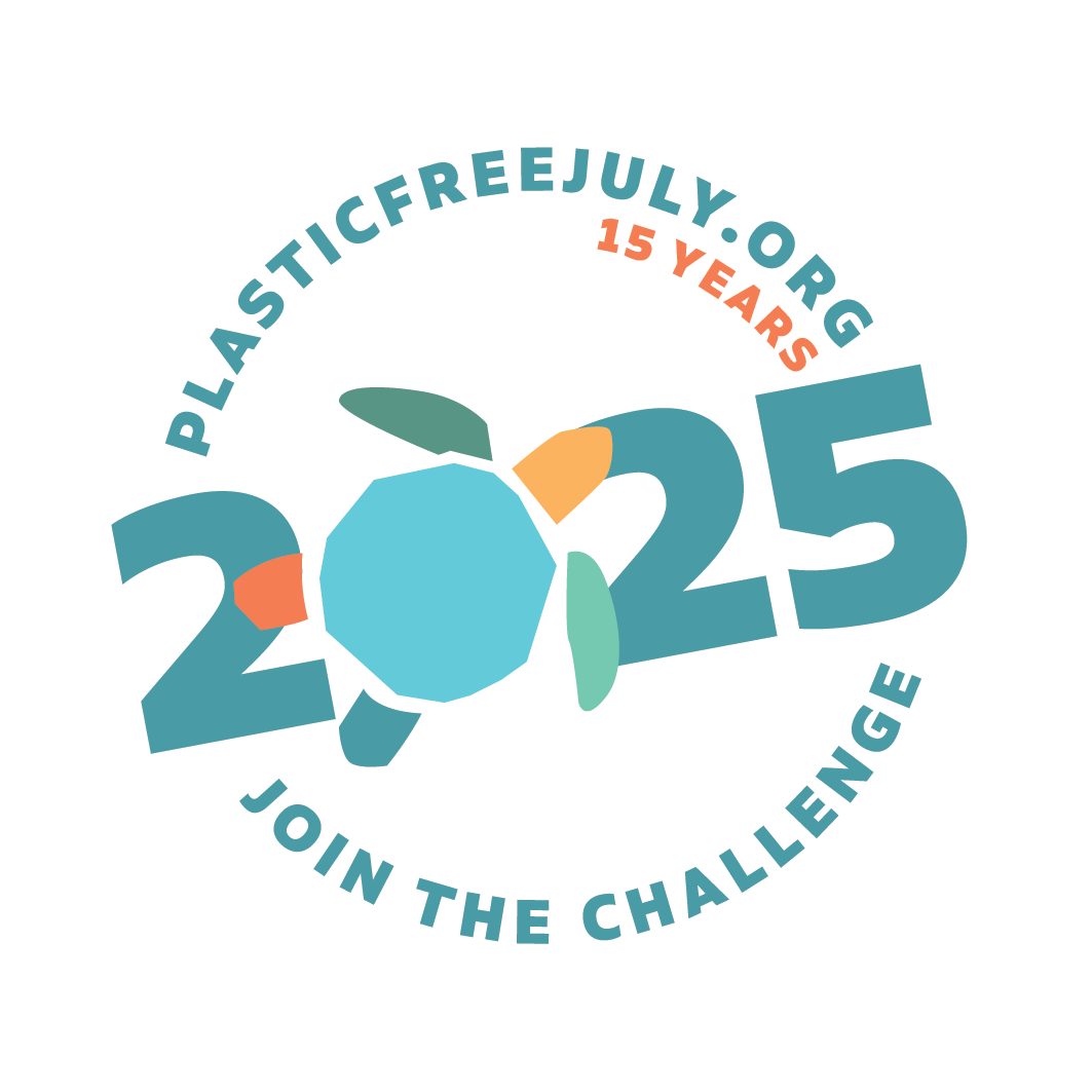 the text 2025 surrounded by words in a circle: join the challenge plasticfreejuly.org
